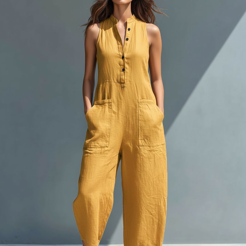 Linda | Macacão minimalista de mulher em linho, sem mangas, com gola alta e botões.