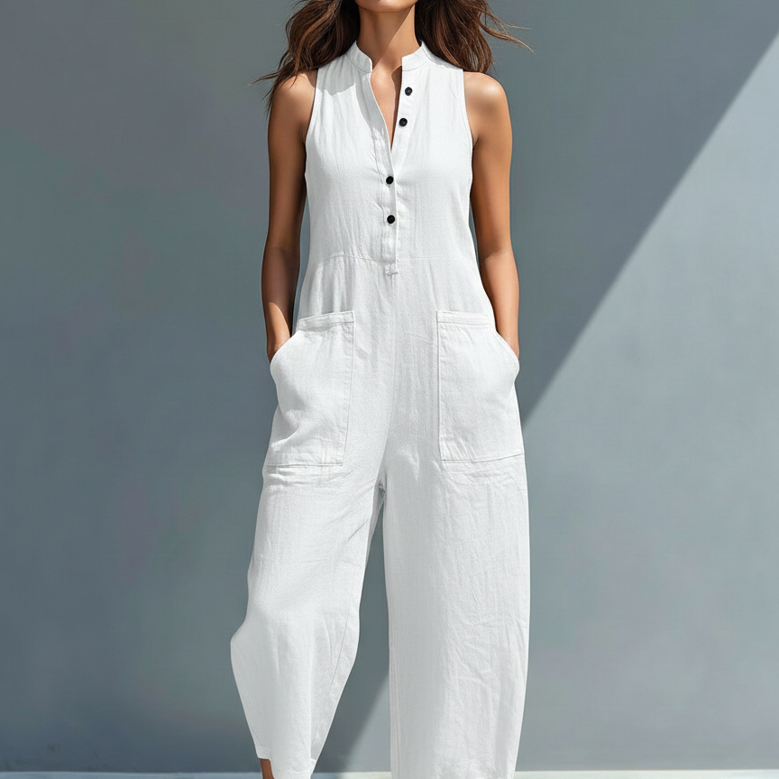 Linda | Macacão minimalista de mulher em linho, sem mangas, com gola alta e botões.