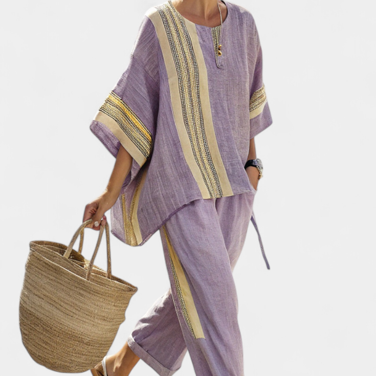 Lorena | Elegante Conjunto Boho De Linho E Bambu Lavanda