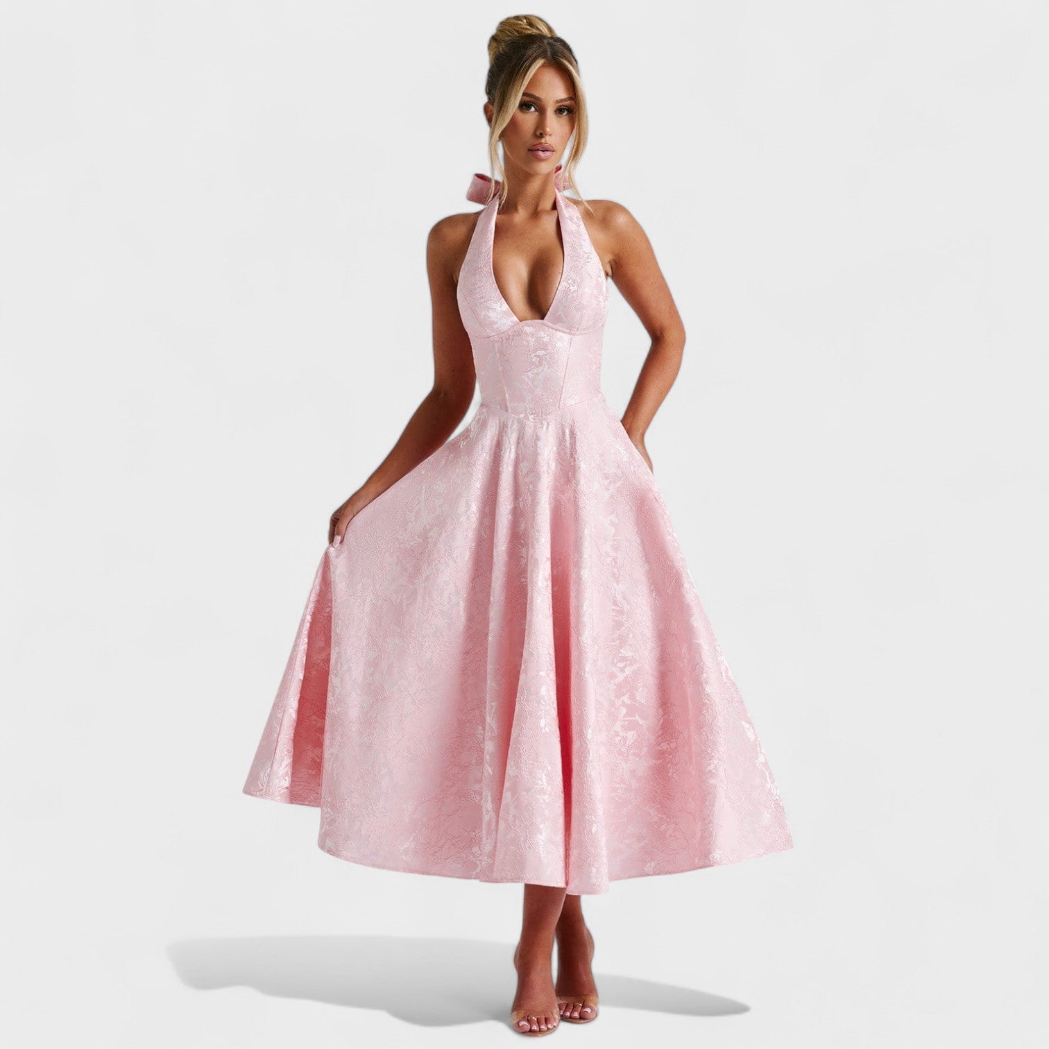 Effie - Vestido midi texturado com decote em V